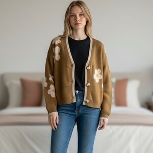 Hem & Thread NWT Flower V-Neck Cropped Cardigan